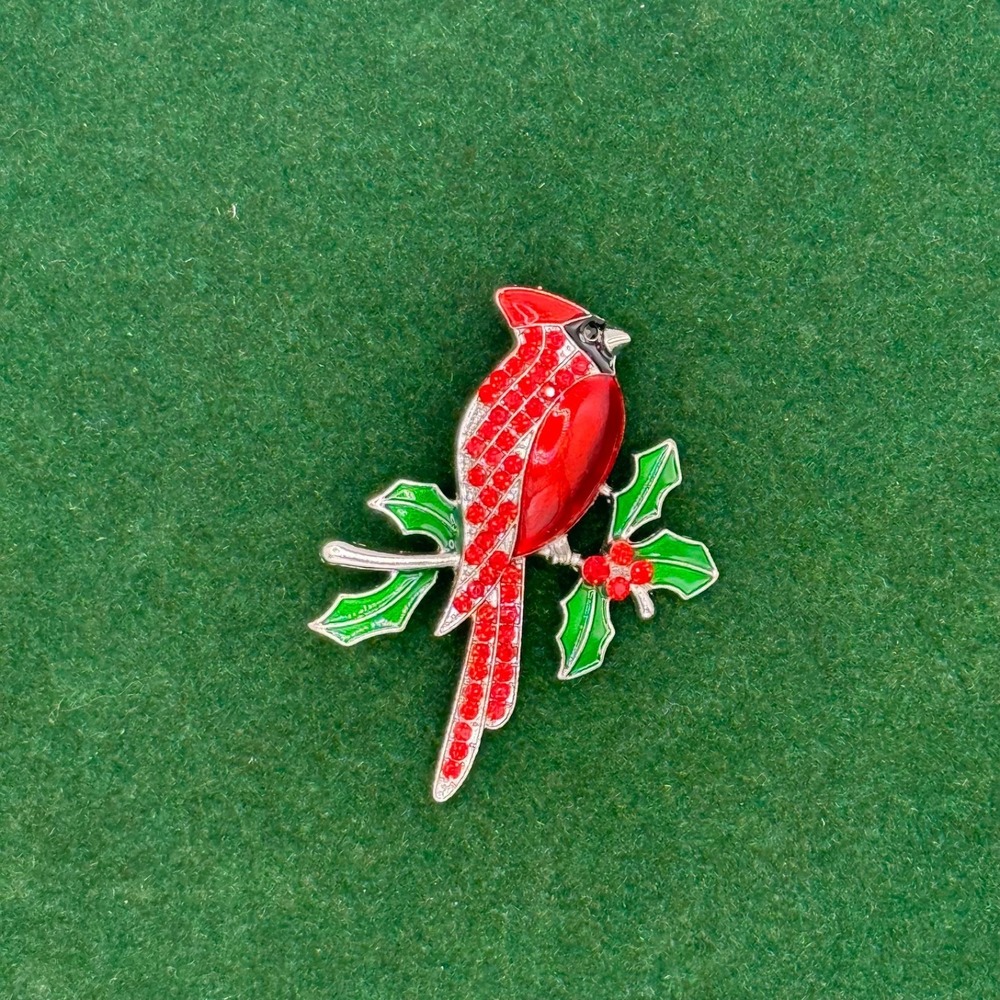 Mint Red Cardinal Bird Christmas Enamel‎ Rhinestone Brooch Pin Silver Tone